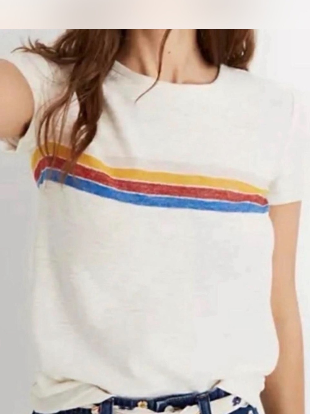 Madewell White Short Sleeve Tee with Yellow, Red & Blue Chest Stripes